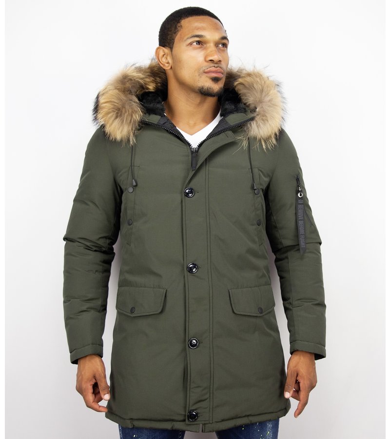 Enos Fur Collar Coat - Men Winter Coat Long- XL Fur Collar - Parka - Green