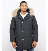 Enos Fur Collar Coat - Men Winter Coat Wooly Long - Large XL Fur Collar  - Parka 4 pocket - Black