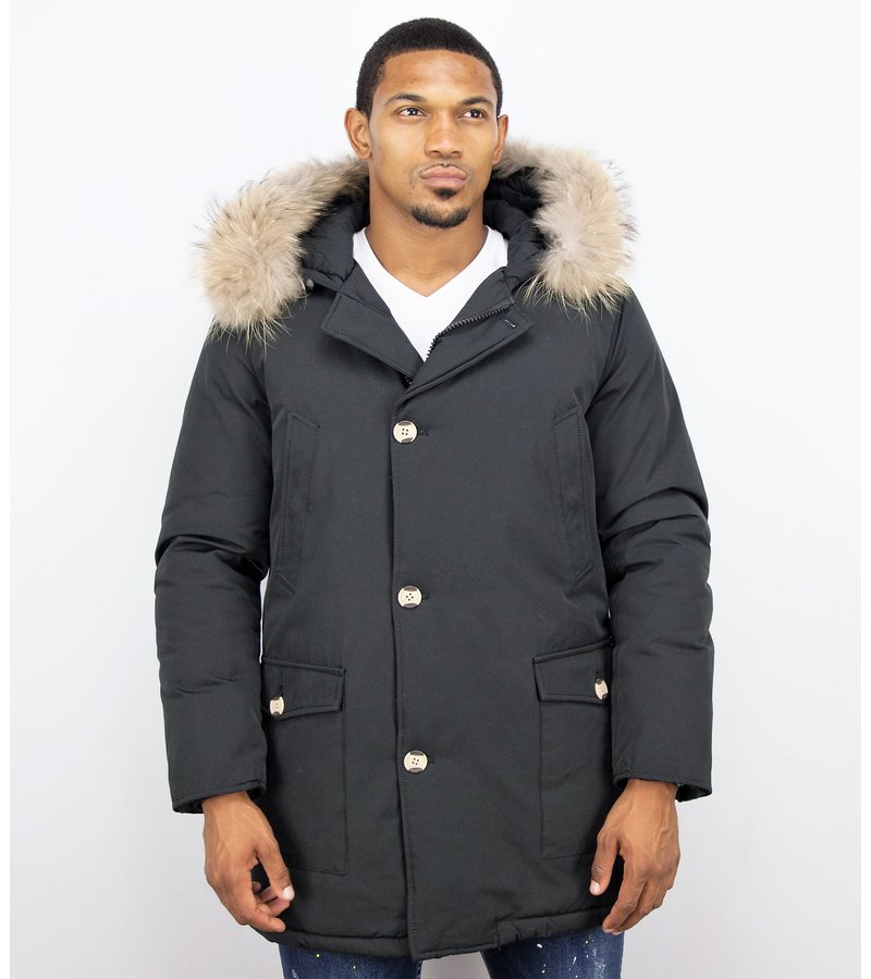 Enos Fur Collar Coat - Men Winter Coat Wooly Long - Large XL Fur Collar  - Parka 4 pocket - Black