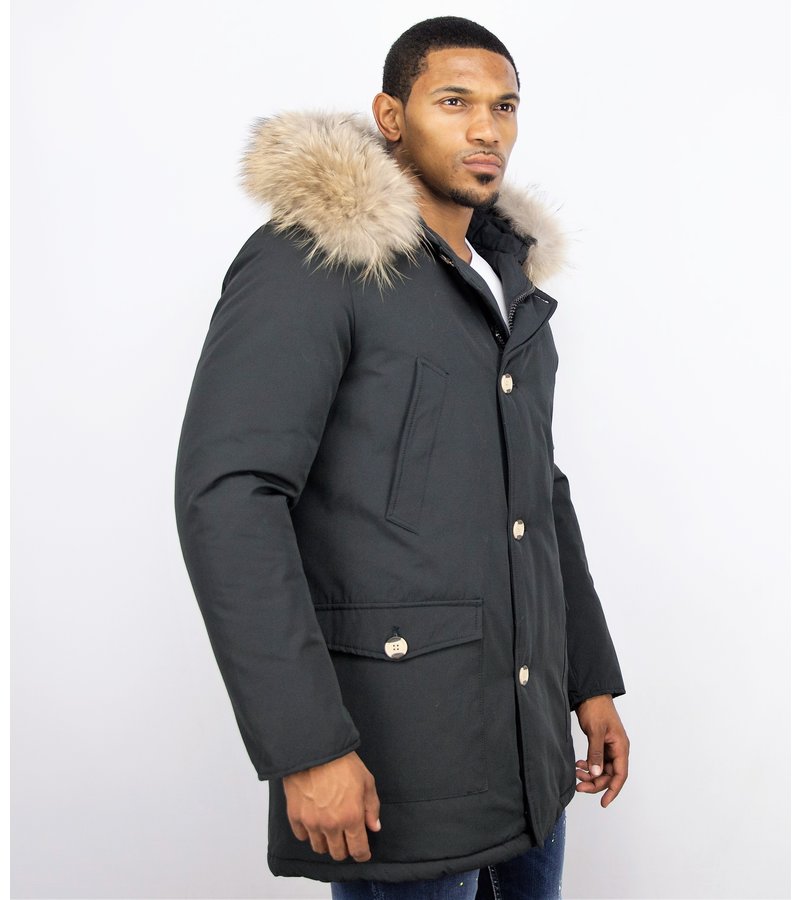 Enos Fur Collar Coat - Men Winter Coat Wooly Long - Large XL Fur Collar  - Parka 4 pocket - Black