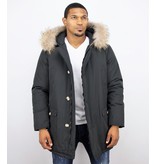 Enos Fur Collar Coat - Men Winter Coat Wooly Long - Large XL Fur Collar  - Parka 4 pocket - Black