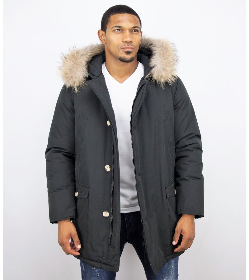 Enos Fur Collar Coat - Men Winter Coat Wooly Long - Large XL Fur Collar  - Parka 4 pocket - Black