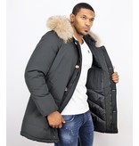 Enos Fur Collar Coat - Men Winter Coat Wooly Long - Large XL Fur Collar  - Parka 4 pocket - Black