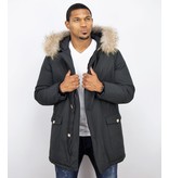 Enos Fur Collar Coat - Men Winter Coat Wooly Long - Large XL Fur Collar  - Parka 4 pocket - Black