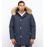 Enos Fur Collar Coat - Men Winter Coat Wooly Long - Large XL Fur Collar - Parka 4 pocket - Blue