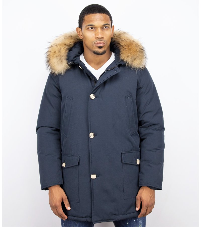 Enos Fur Collar Coat - Men Winter Coat Wooly Long - Large XL Fur Collar - Parka 4 pocket - Blue