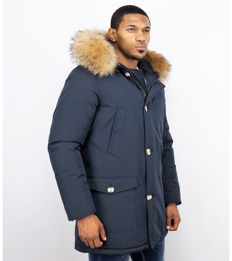 Enos Fur Collar Coat - Men Winter Coat Wooly Long - Large XL Fur Collar - Parka 4 pocket - Blue