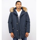 Enos Fur Collar Coat - Men Winter Coat Wooly Long - Large XL Fur Collar - Parka 4 pocket - Blue