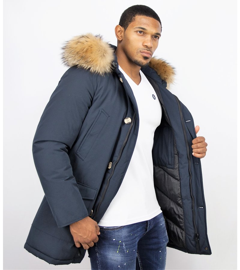 Enos Fur Collar Coat - Men Winter Coat Wooly Long - Large XL Fur Collar - Parka 4 pocket - Blue