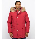 Enos Fur Collar Coat - Men Winter Coat Wooly Long - Large XL Fur Collar - Parka 4 pocket - Red