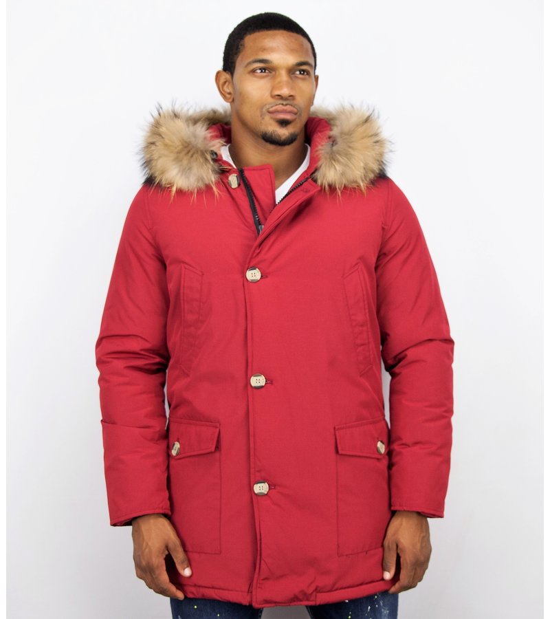 Enos Fur Collar Coat - Men Winter Coat Wooly Long - Large XL Fur Collar - Parka 4 pocket - Red