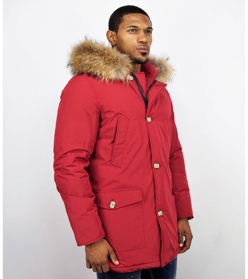 Enos Fur Collar Coat - Men Winter Coat Wooly Long - Large XL Fur Collar - Parka 4 pocket - Red