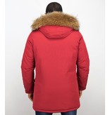 Enos Fur Collar Coat - Men Winter Coat Wooly Long - Large XL Fur Collar - Parka 4 pocket - Red