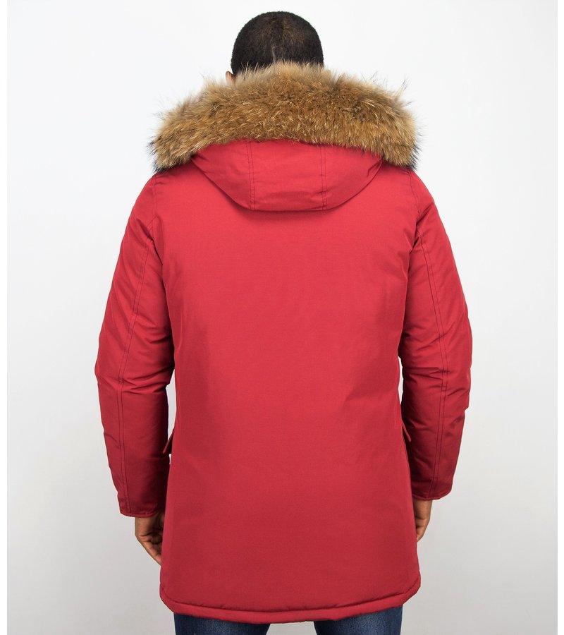 Enos Fur Collar Coat - Men Winter Coat Wooly Long - Large XL Fur Collar - Parka 4 pocket - Red