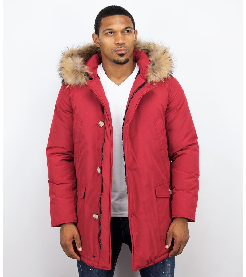 Enos Fur Collar Coat - Men Winter Coat Wooly Long - Large XL Fur Collar - Parka 4 pocket - Red