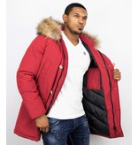 Enos Fur Collar Coat - Men Winter Coat Wooly Long - Large XL Fur Collar - Parka 4 pocket - Red