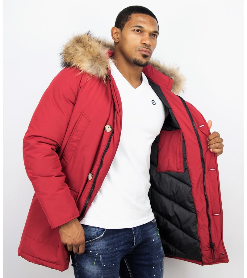 Enos Fur Collar Coat - Men Winter Coat Wooly Long - Large XL Fur Collar - Parka 4 pocket - Red