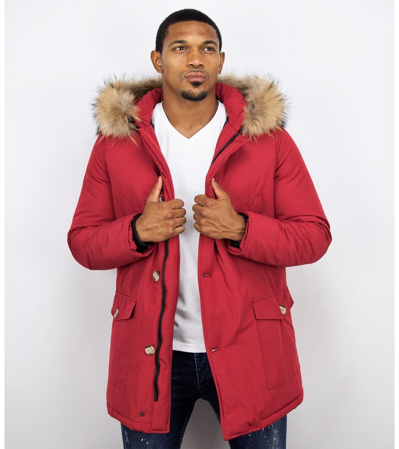 Enos Fur Collar Coat - Men Winter Coat Wooly Long - Large XL Fur Collar - Parka 4 pocket - Red