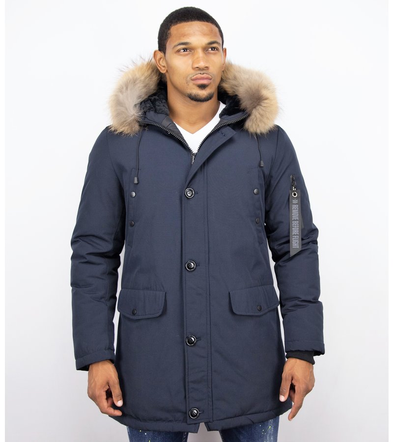 Enos Fur Collar Coat - Men Winter Coat Long - XL Fur Collar - Parka - Blue