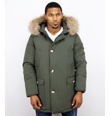 Enos Fur Collar Coat - Men Winter Coat Wooly Long - Large XL Fur Collar - Parka 4 pocket  - Green