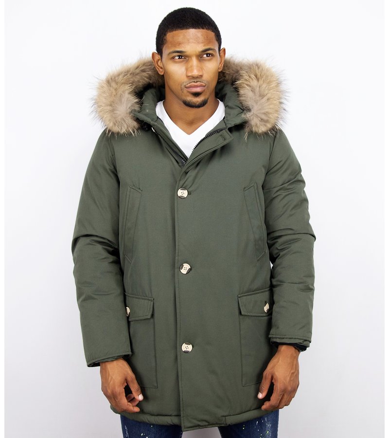 Enos Fur Collar Coat - Men Winter Coat Wooly Long - Large XL Fur Collar - Parka 4 pocket  - Green