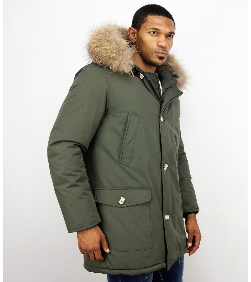 Enos Fur Collar Coat - Men Winter Coat Wooly Long - Large XL Fur Collar - Parka 4 pocket  - Green