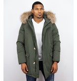 Enos Fur Collar Coat - Men Winter Coat Wooly Long - Large XL Fur Collar - Parka 4 pocket  - Green