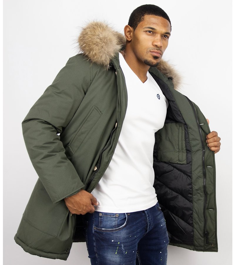 Enos Fur Collar Coat - Men Winter Coat Wooly Long - Large XL Fur Collar - Parka 4 pocket  - Green