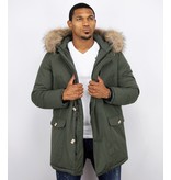 Enos Fur Collar Coat - Men Winter Coat Wooly Long - Large XL Fur Collar - Parka 4 pocket  - Green