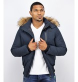 Enos Fur Collar Coat - Men Winter Coat Short - Large Fur Collar - Blue