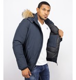 Enos Fur Collar Coat - Men Winter Coat Short - Large Fur Collar - Blue