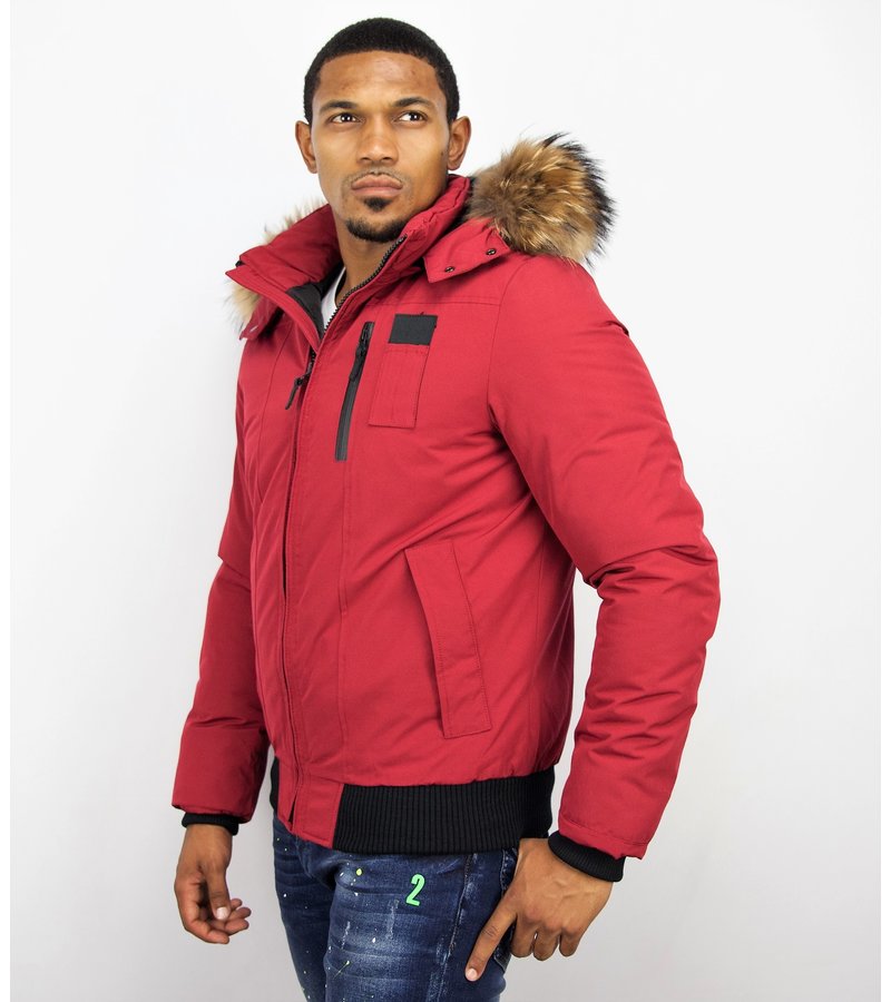 Enos Fur Collar Coat - Men Winter Coat Short - Large Fur Collar - Red