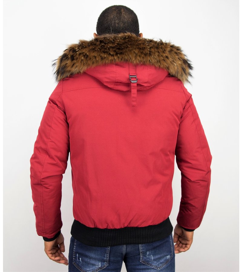 Enos Fur Collar Coat - Men Winter Coat Short - Large Fur Collar - Red