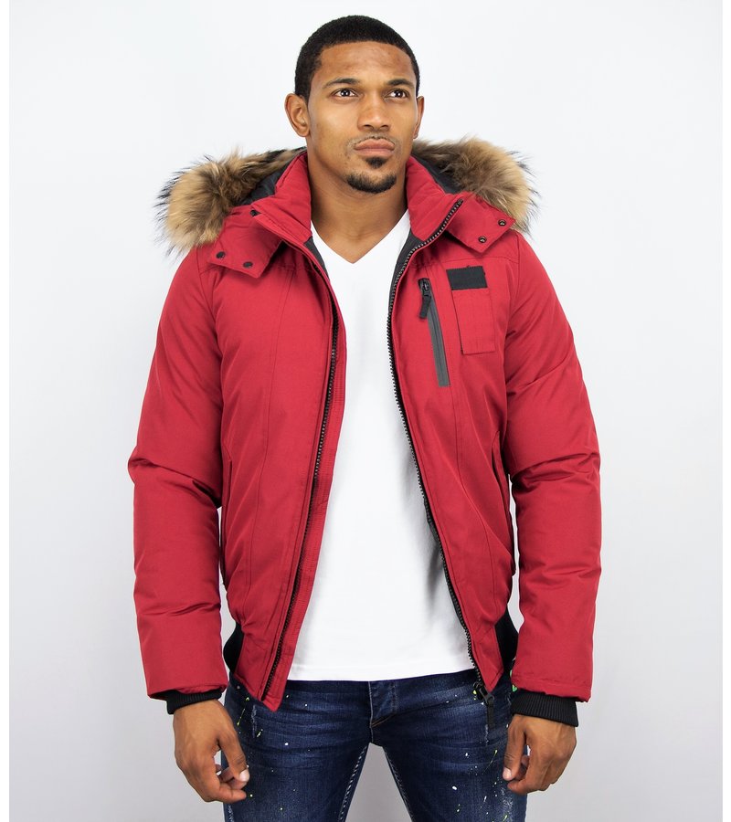 Enos Fur Collar Coat - Men Winter Coat Short - Large Fur Collar - Red