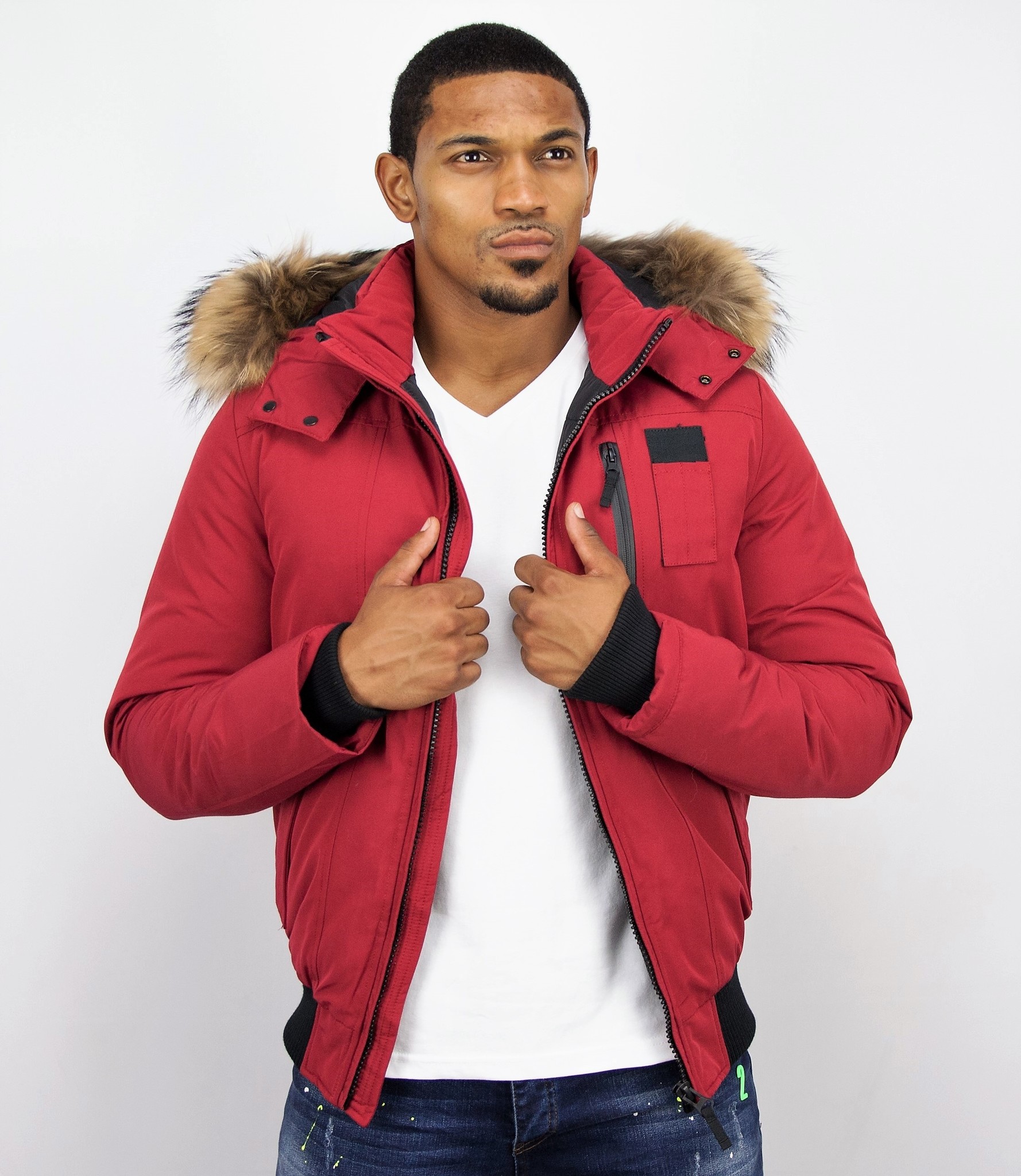 red jacket with fur collar