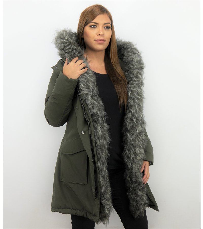 Macleria Women Imitation Fur Coat  - Ladies Long Parka - Green