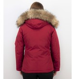 TheBrand Fur Collar Coat - Women's Winter Coat Short - Parka Stitch Bag - Red