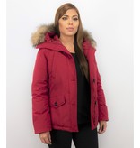 TheBrand Fur Collar Coat - Women's Winter Coat Short - Parka Stitch Bag - Red