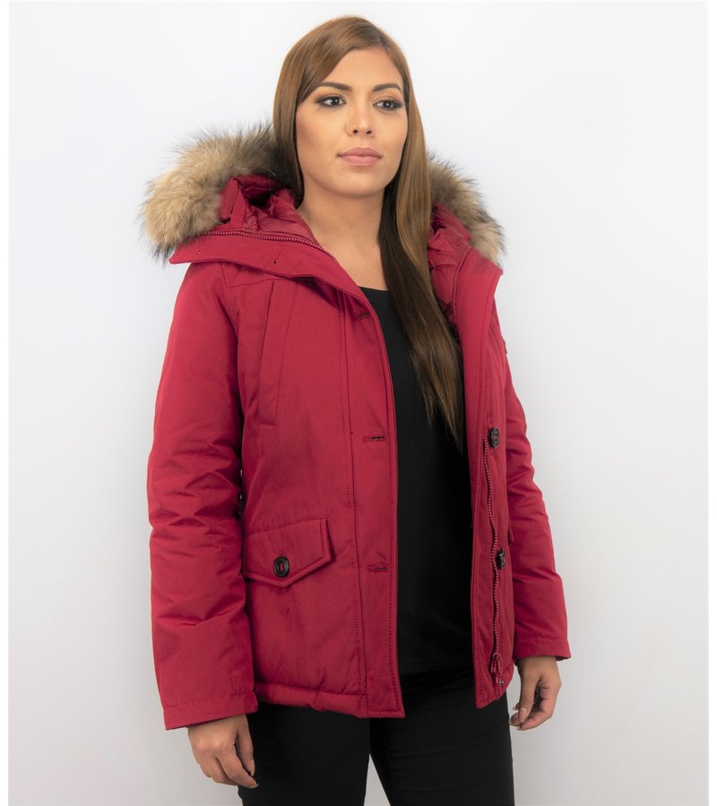 TheBrand Fur Collar Coat - Women's Winter Coat Short - Parka Stitch Bag - Red