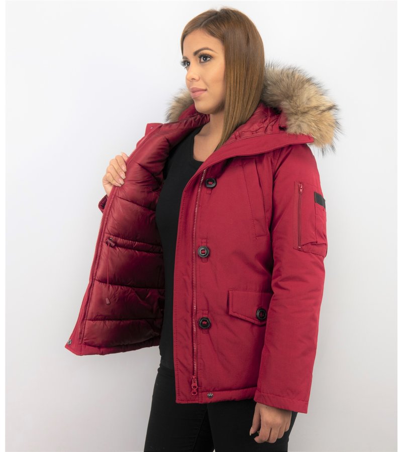 TheBrand Fur Collar Coat - Women's Winter Coat Short - Parka Stitch Bag - Red