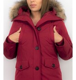 TheBrand Fur Collar Coat - Women's Winter Coat Short - Parka Stitch Bag - Red