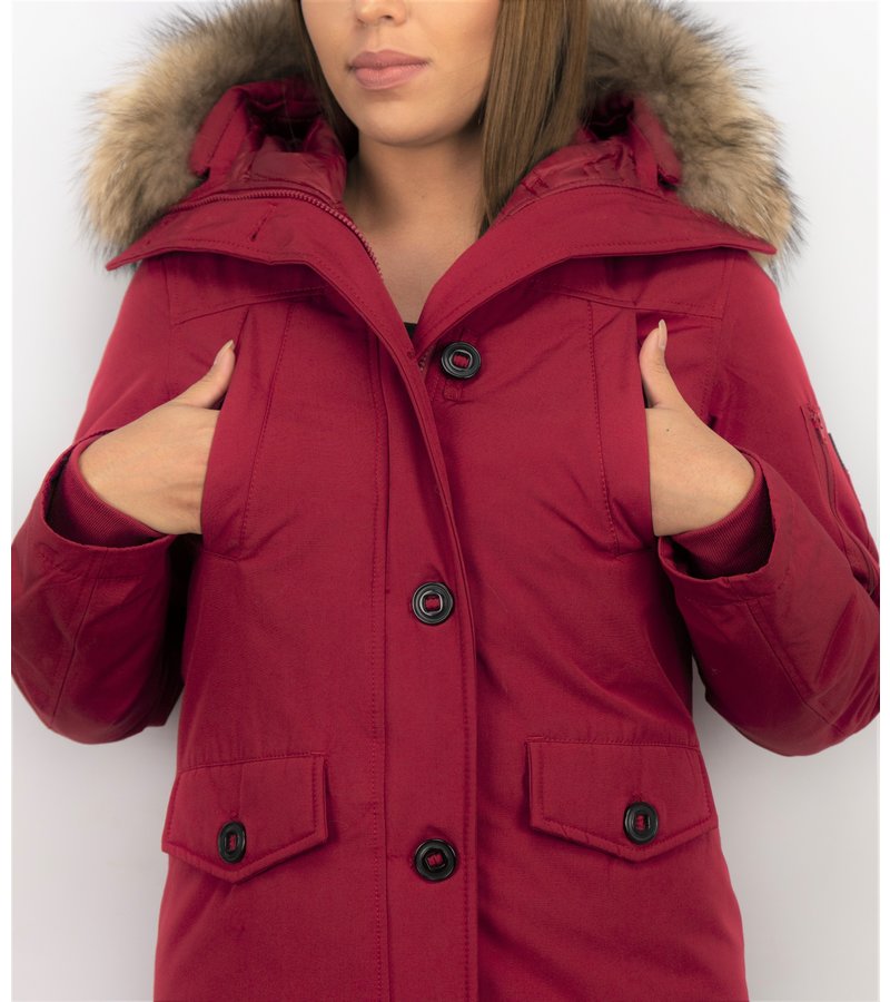 TheBrand Fur Collar Coat - Women's Winter Coat Short - Parka Stitch Bag - Red