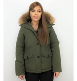 TheBrand Fur Collar Coat - Women's Winter Coat Short - Parka Stitch Bag - Green