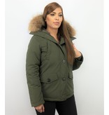 TheBrand Fur Collar Coat - Women's Winter Coat Short - Parka Stitch Bag - Green