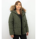 TheBrand Fur Collar Coat - Women's Winter Coat Short - Parka Stitch Bag - Green