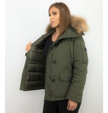 TheBrand Fur Collar Coat - Women's Winter Coat Short - Parka Stitch Bag - Green