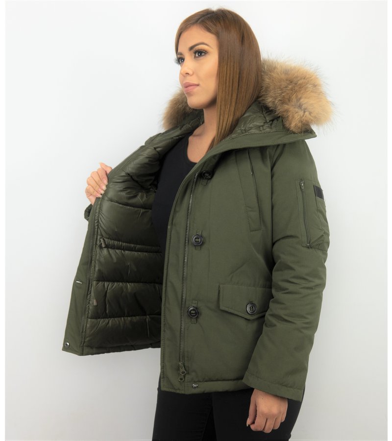 TheBrand Fur Collar Coat - Women's Winter Coat Short - Parka Stitch Bag - Green