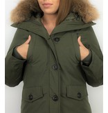 TheBrand Fur Collar Coat - Women's Winter Coat Short - Parka Stitch Bag - Green