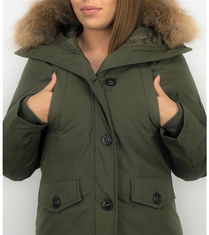 TheBrand Fur Collar Coat - Women's Winter Coat Short - Parka Stitch Bag - Green