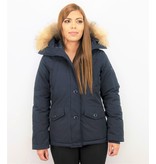 TheBrand Fur Collar Coat - Women's Winter Coat Short - Parka Stitch Bag - Blue